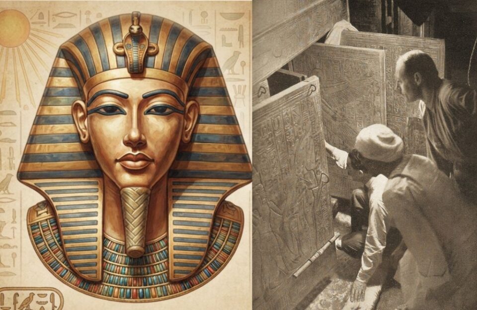 Maschera funeraria di Tutankamon e a lato: Howard Carter, Arthur Callender e un lavorante egiziano nella camera funeraria, quarta cappella - guardando il sarcofago in quarzite. 1924.