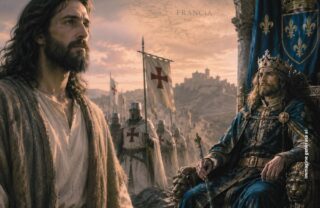 immagine ai, con gesù il messia, il re francese sul trono, i templari sullo sfondo