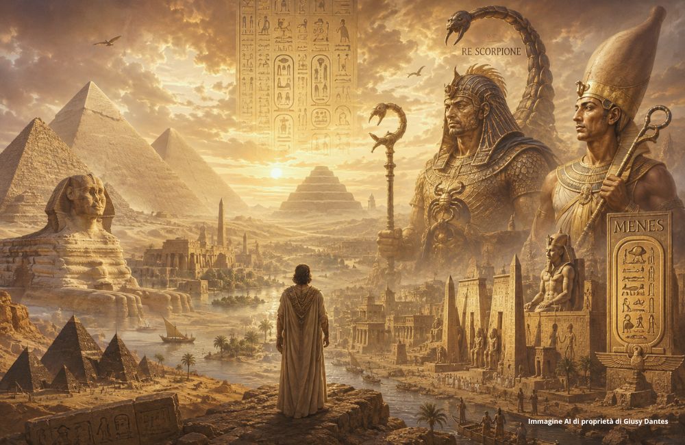 immagine delle trenta dinastie viste da uno sconosciuto. Re scorpione e re menes da un lato, piramidi di giza dall'altro, Il Nilo al centro-. Immagine AI generata con Chatgpt e di proprietà e uso esclusivo di Giusy Dantes, tutti i diritti riservati